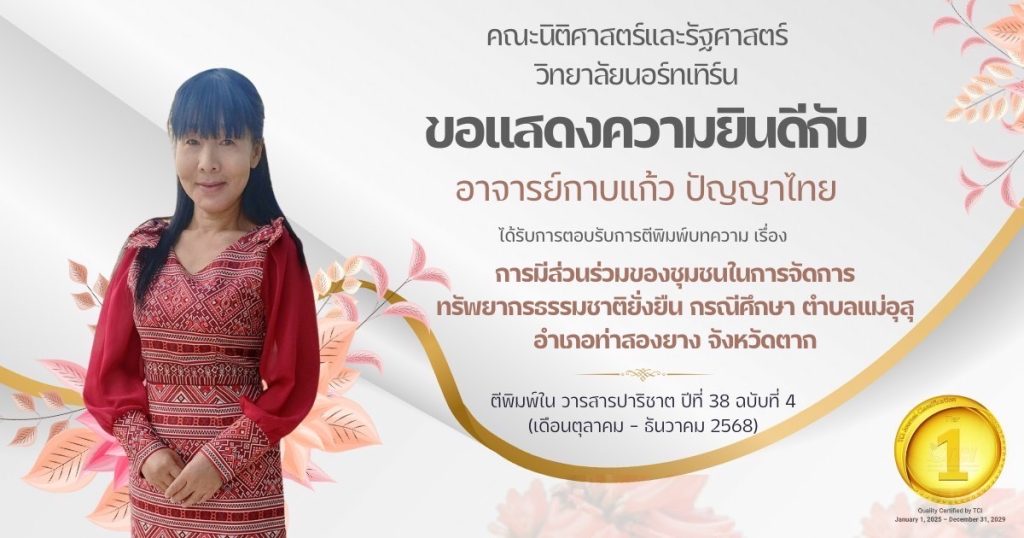 ขอแสดงความยินดีกับ อาจารย์กาบแก้ว ปัญญาไทยได้รับการตอบรับการตีพิมพ์บทความ ในวารสารปาริชาต ปีที่ 38 ฉบับที่ 4